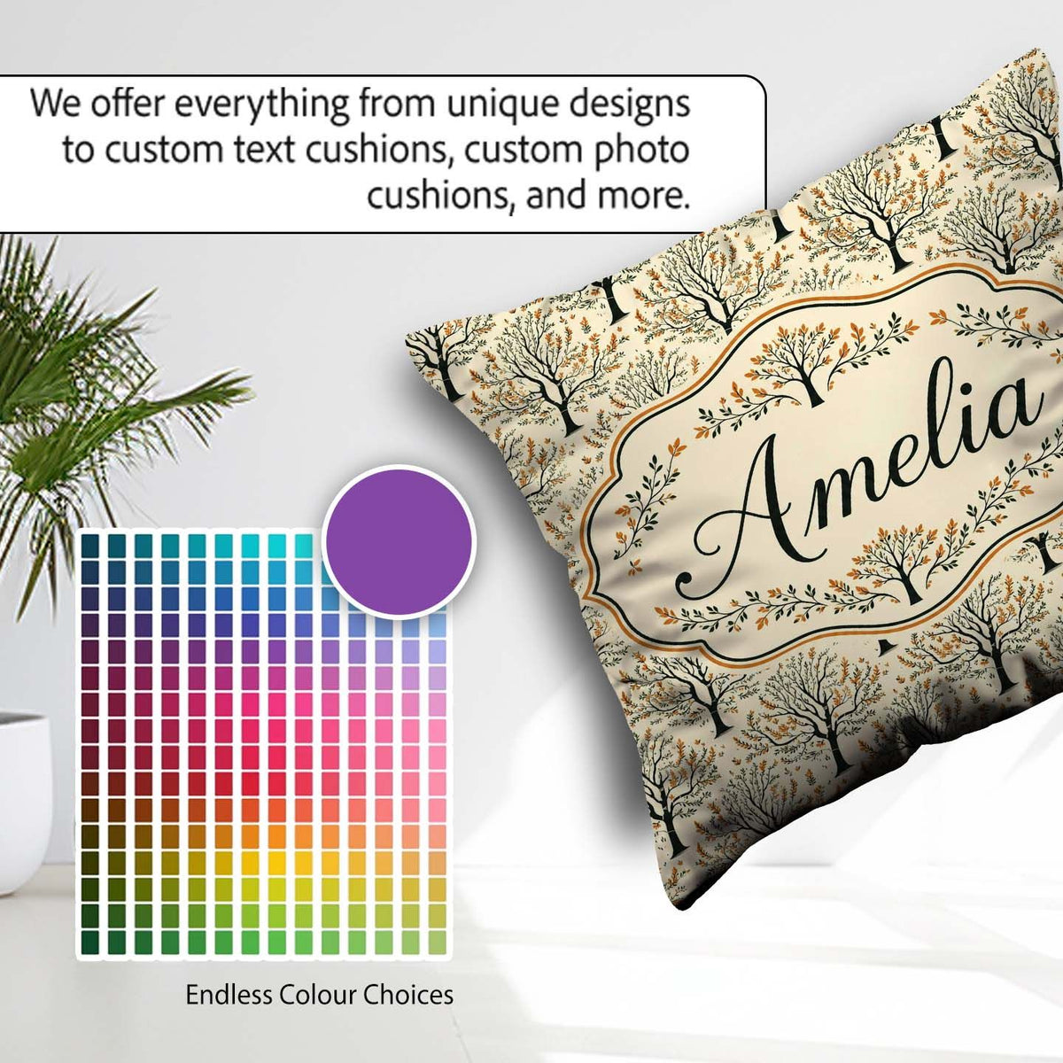 Custom Name Stylized Autumn Trees with Leaves Seamless Name Cute Square Filled Cushion Throw Pillow Sofa Bed Home Decor Zip Washable UK Made