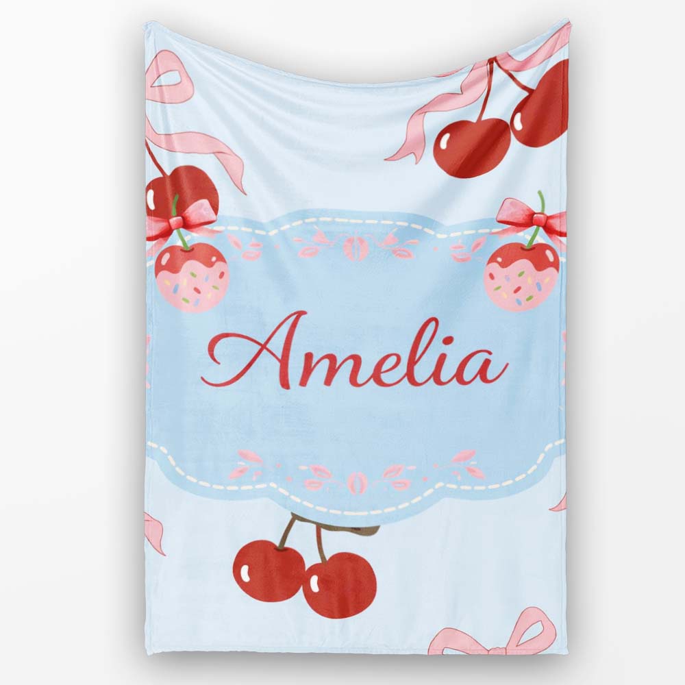 Cherry Bow Ribbon Cute Decorative Cherry Seamless Pattern Lovely  Personalised Custom Name Super Soft Fleece Blanket Bed Sofa Throw
