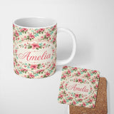 Personalized Custom Name Vintage Floral Hibiscus Blossom Soft Pastel Seamless Pattern Name 11oz Ceramic Coffee Tea Mug White Large Handle