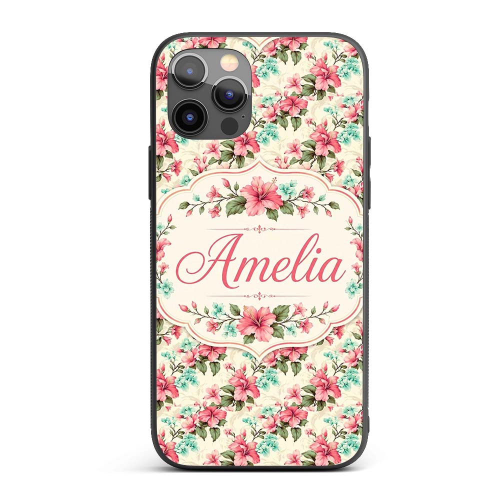 Vintage Floral Hibiscus Blossom Printed Design Custom Name Protective Phone Case Mobile Cover Durable Everyday Smartphone Shock Resistant