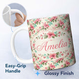 Personalized Custom Name Vintage Floral Hibiscus Blossom Soft Pastel Seamless Pattern Name 11oz Ceramic Coffee Tea Mug White Large Handle