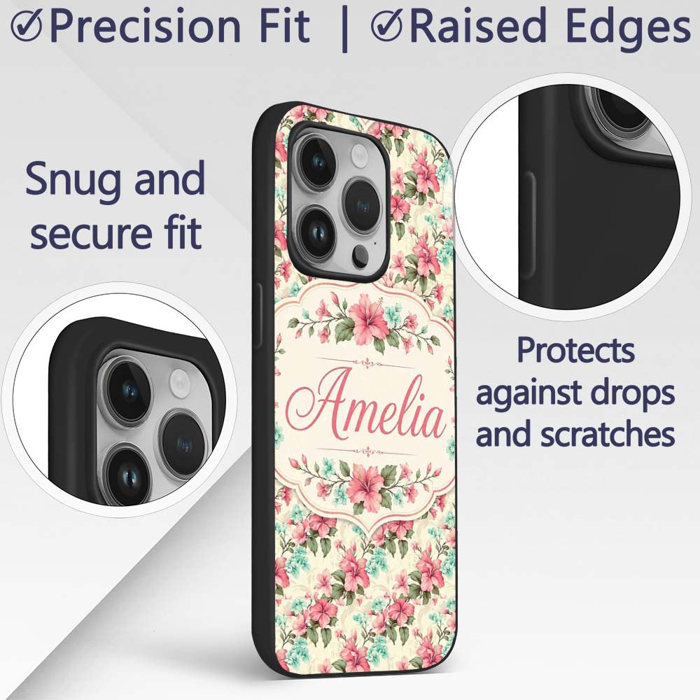 Vintage Floral Hibiscus Blossom Printed Design Custom Name Protective Phone Case Mobile Cover Durable Everyday Smartphone Shock Resistant