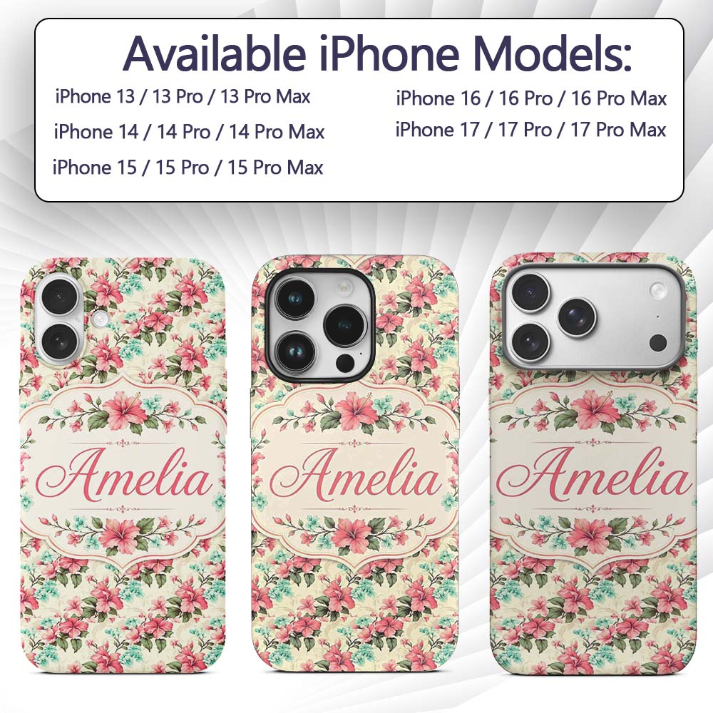 Vintage Floral Hibiscus Blossom Printed Design Custom Name Protective Phone Case Mobile Cover Durable Everyday Smartphone Shock Resistant
