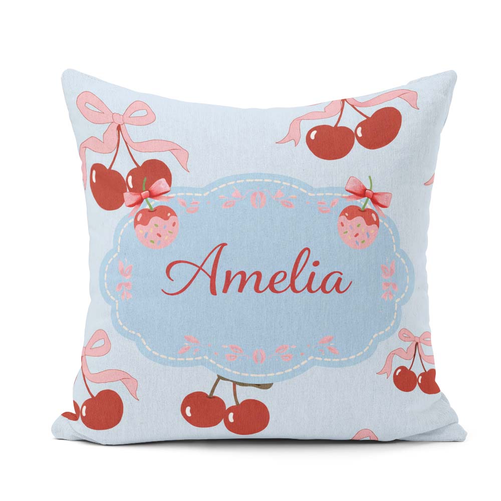 Custom Name Cherry Bow Ribbon Decorative Cherry Seamless Pattern Square Filled Cushion Throw Pillow Sofa Bed Home Decor Zip Washable UK Made