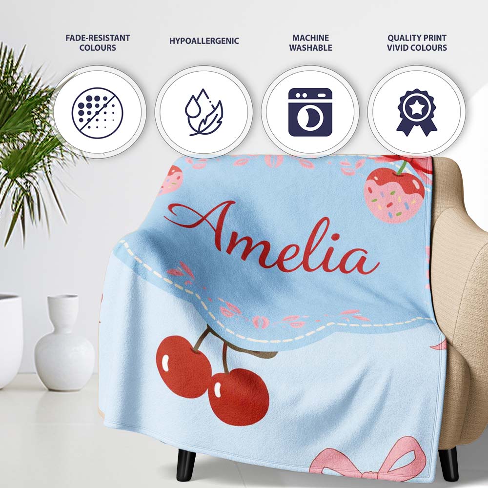 Cherry Bow Ribbon Cute Decorative Cherry Seamless Pattern Lovely  Personalised Custom Name Super Soft Fleece Blanket Bed Sofa Throw