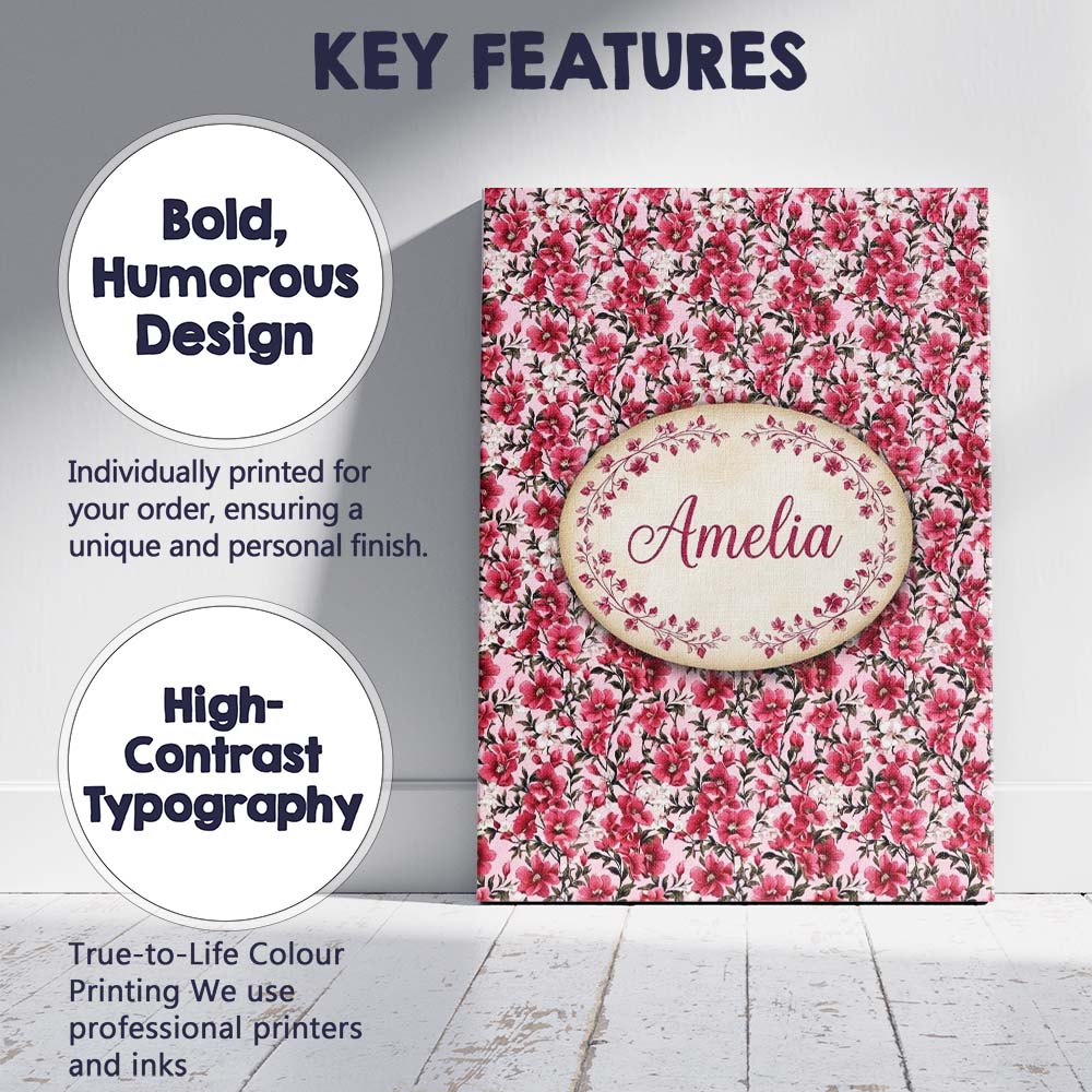 Personalised Name Bold Pink Floral Garden Custom  Unique Gift Idea Elegant Feature Canvas Wall Art Print Decor Picture Ready to Hang