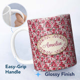 Personalized Custom Name Bold Pink Floral Garden Bloom Detailed Seamless Pattern Name Cute 11oz Ceramic Coffee Tea Mug White Large Handle