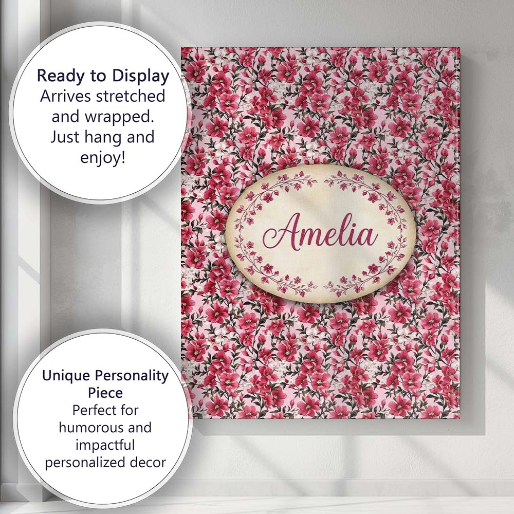 Personalised Name Bold Pink Floral Garden Custom  Unique Gift Idea Elegant Feature Canvas Wall Art Print Decor Picture Ready to Hang