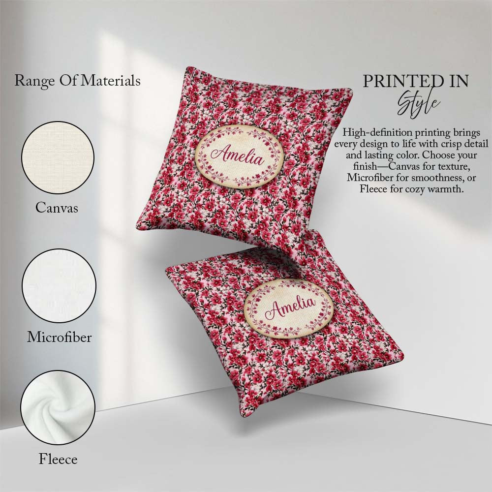 Custom Name Bold Pink Floral Garden Bloom Detailed Seamless Name Square Filled Cushion Throw Pillow Sofa Bed Home Decor Zip Washable UK Made