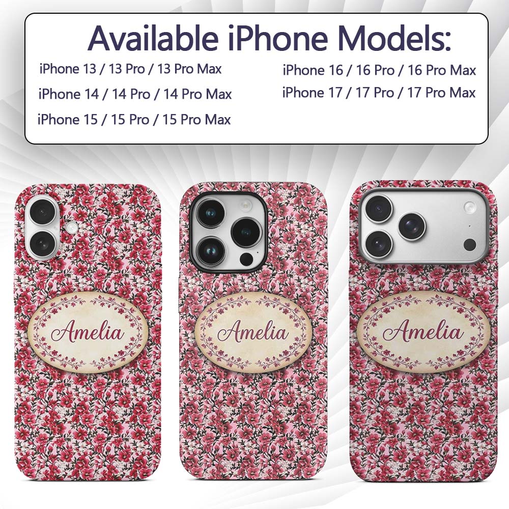 Bold Pink Floral Garden Bloom Detailed Seamless Custom Name Protective Phone Case Mobile Cover Durable Everyday Smartphone Shock Resistant