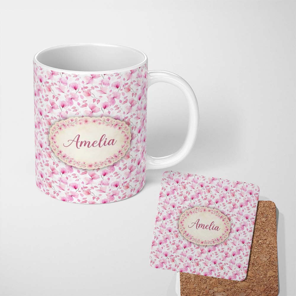 Personalized Custom Name Soft Watercolor Pink Leaves Elegant Seamless Pattern Name Cute 11oz Ceramic Coffee Tea Mug White Large Handle