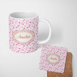 Personalized Custom Name Soft Watercolor Pink Leaves Elegant Seamless Pattern Name Cute 11oz Ceramic Coffee Tea Mug White Large Handle