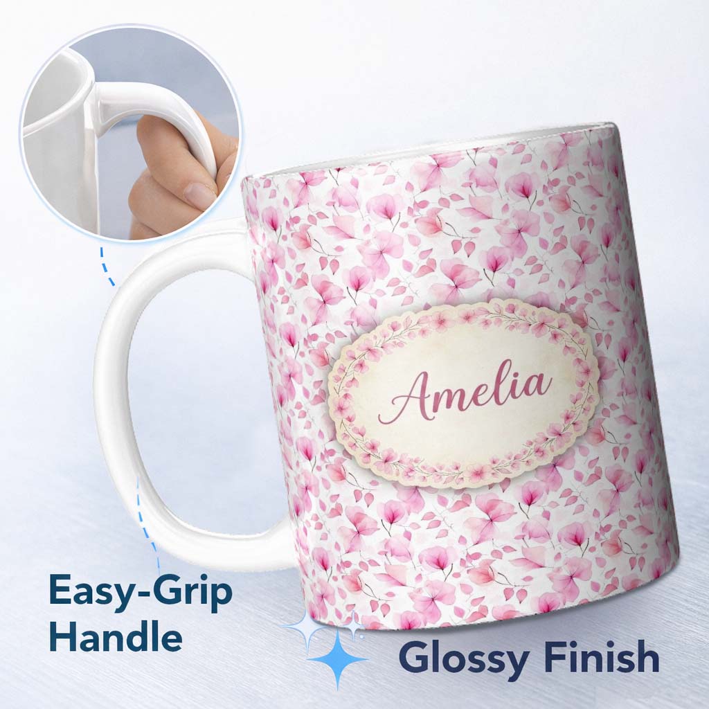 Personalized Custom Name Soft Watercolor Pink Leaves Elegant Seamless Pattern Name Cute 11oz Ceramic Coffee Tea Mug White Large Handle