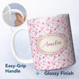 Personalized Custom Name Soft Watercolor Pink Leaves Elegant Seamless Pattern Name Cute 11oz Ceramic Coffee Tea Mug White Large Handle