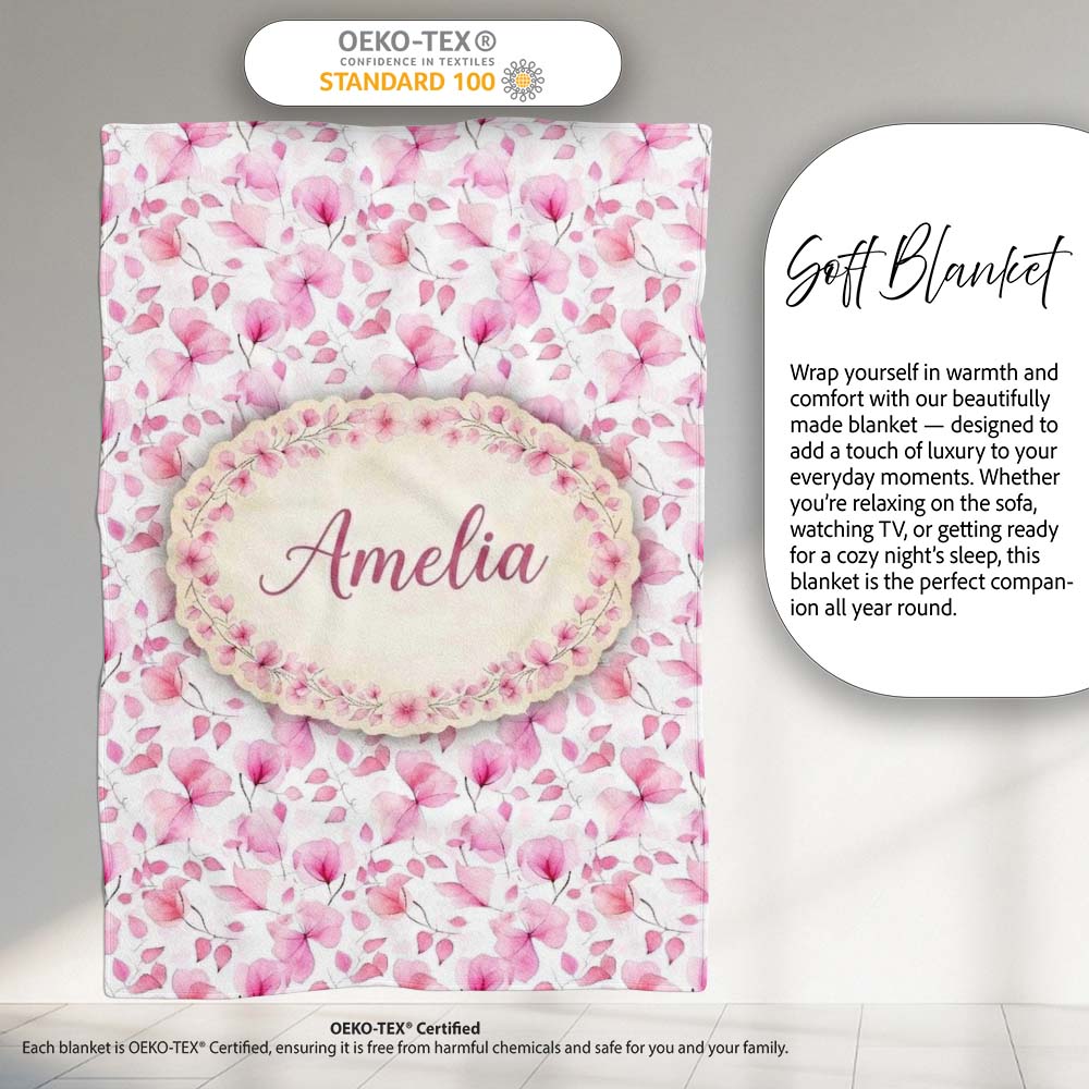 Soft Watercolor Pink Leaves Elegant Seamless Pattern Name Cute  Personalised Custom Name Super Soft Fleece Blanket Bed Sofa Throw