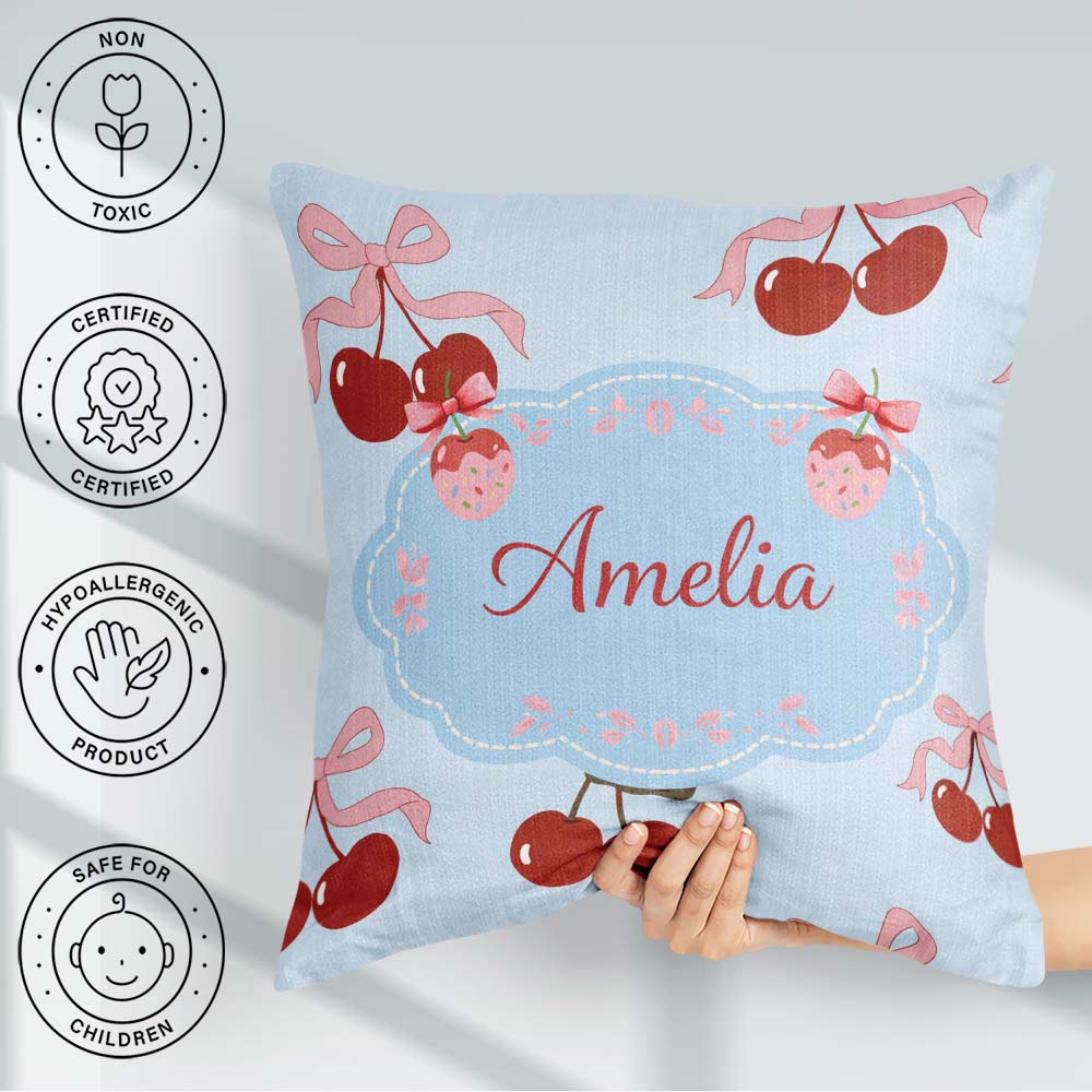Custom Name Cherry Bow Ribbon Decorative Cherry Seamless Pattern Square Filled Cushion Throw Pillow Sofa Bed Home Decor Zip Washable UK Made