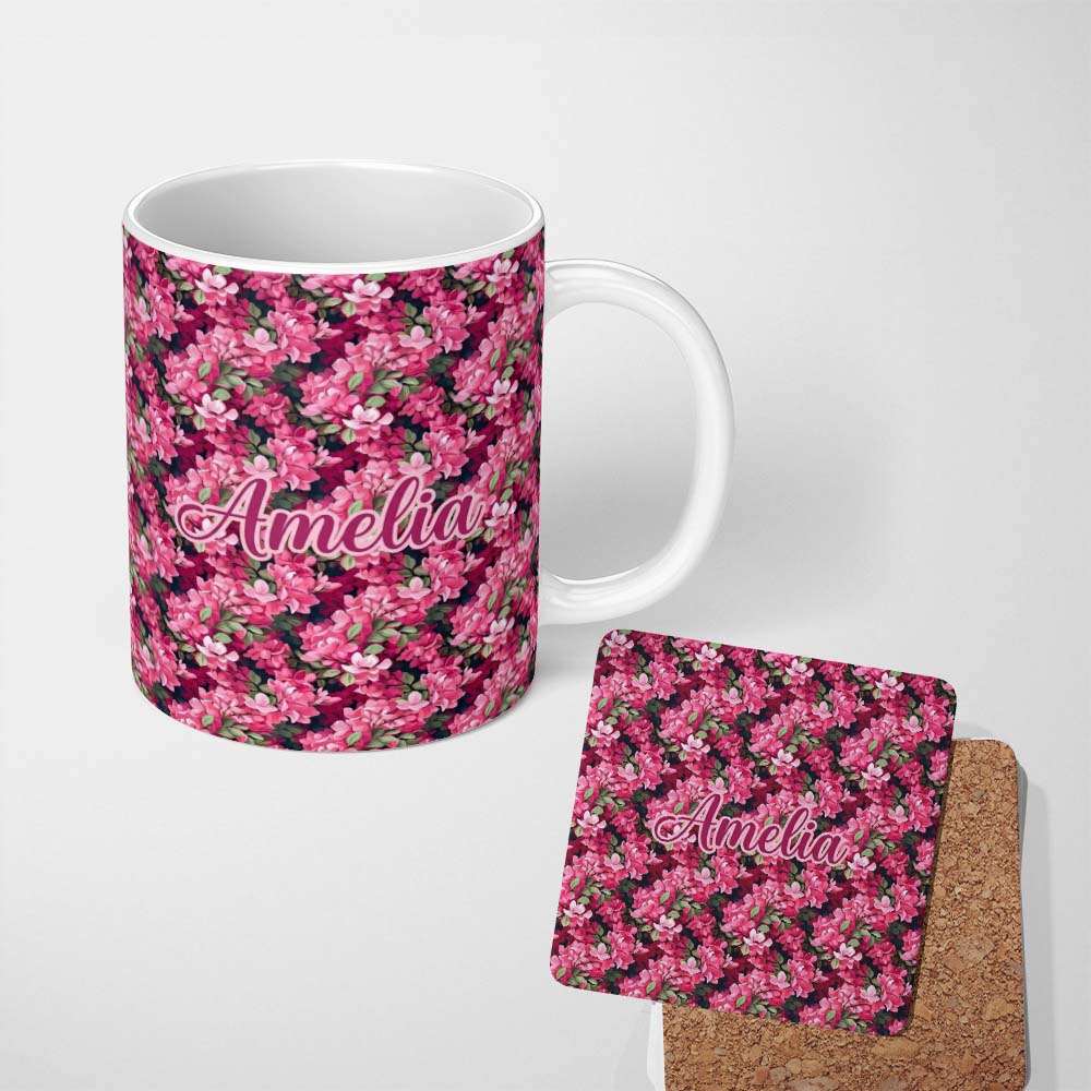 Personalized Custom Name Dark Background Pink Blossoms Lush Floral Seamless Pattern Name Cute 11oz Ceramic Coffee Tea Mug White Large Handle