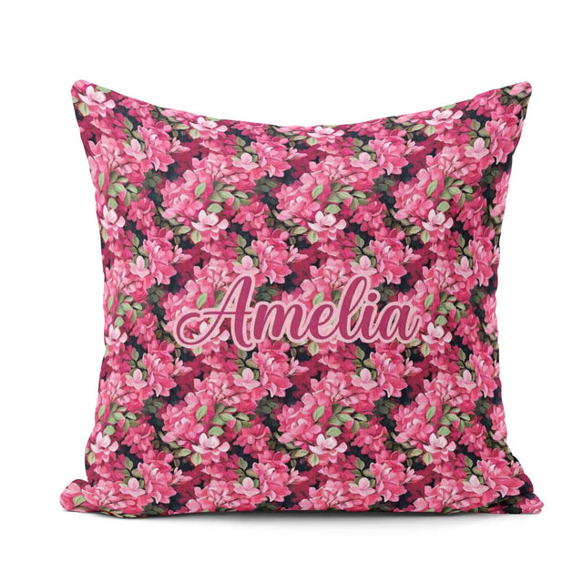 Custom Name Dark Pink Blossoms Lush Floral Seamless Pattern Name Square Filled Cushion Throw Pillow Sofa Bed Home Decor Zip Washable UK Made