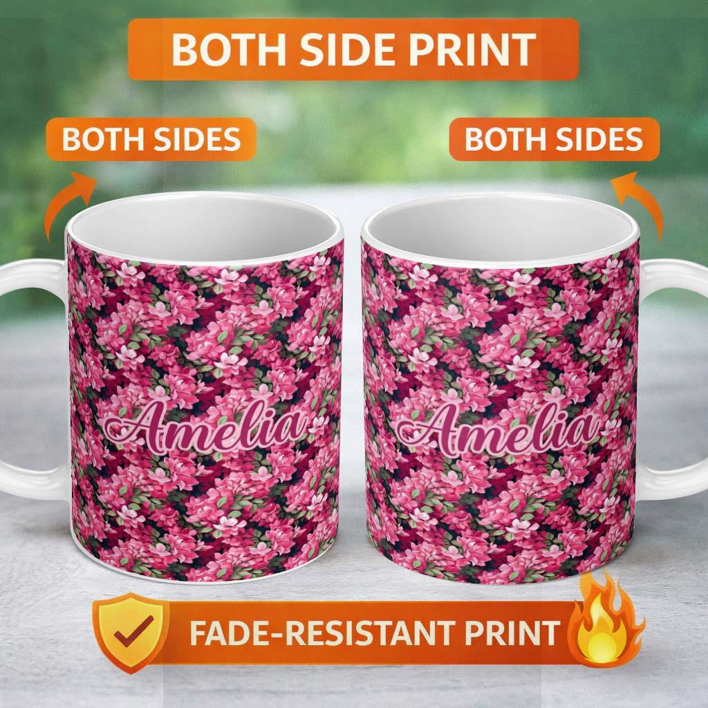 Personalized Custom Name Dark Background Pink Blossoms Lush Floral Seamless Pattern Name Cute 11oz Ceramic Coffee Tea Mug White Large Handle