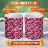 Personalized Custom Name Dark Background Pink Blossoms Lush Floral Seamless Pattern Name Cute 11oz Ceramic Coffee Tea Mug White Large Handle