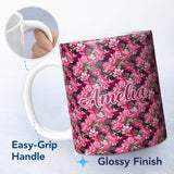 Personalized Custom Name Dark Background Pink Blossoms Lush Floral Seamless Pattern Name Cute 11oz Ceramic Coffee Tea Mug White Large Handle