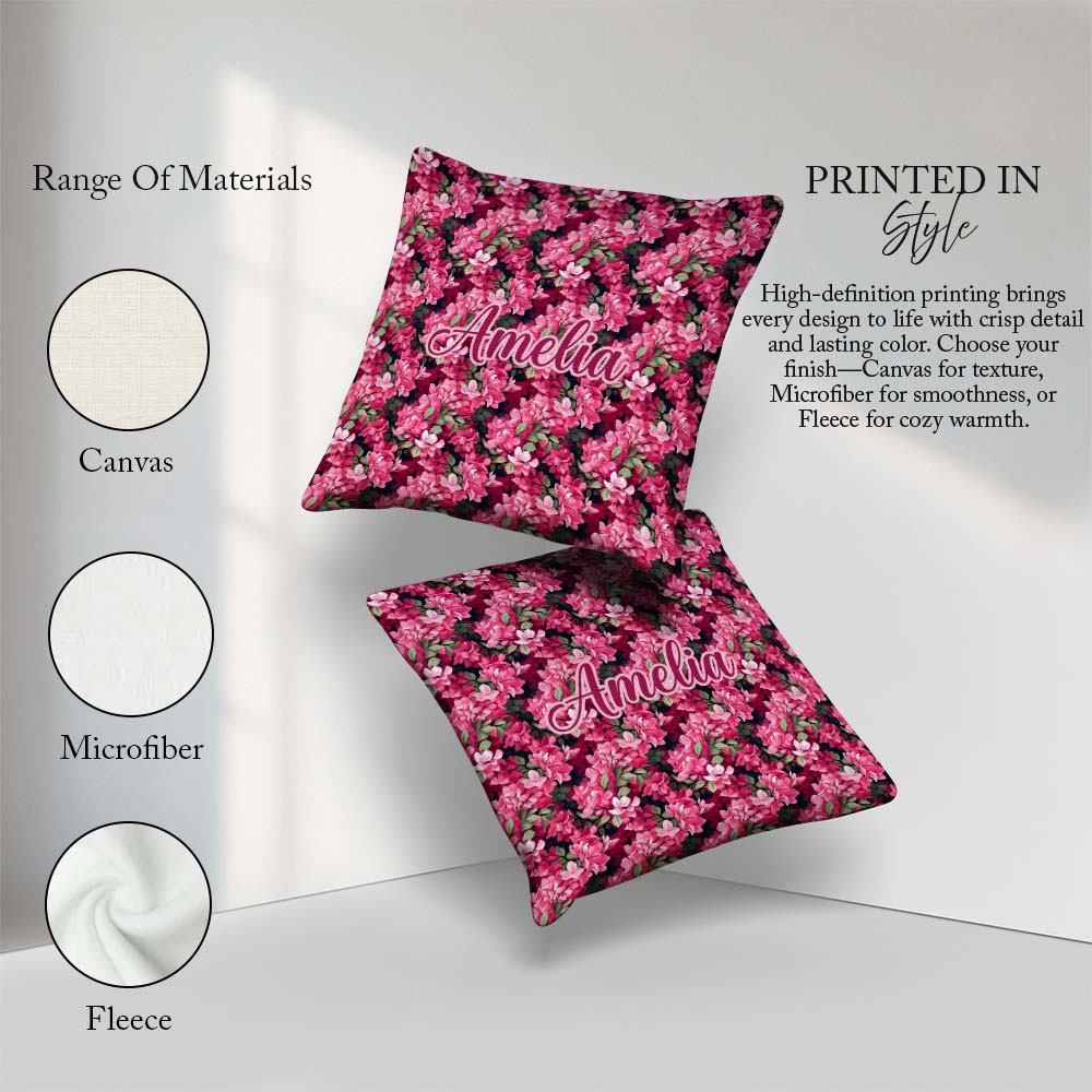 Custom Name Dark Pink Blossoms Lush Floral Seamless Pattern Name Square Filled Cushion Throw Pillow Sofa Bed Home Decor Zip Washable UK Made