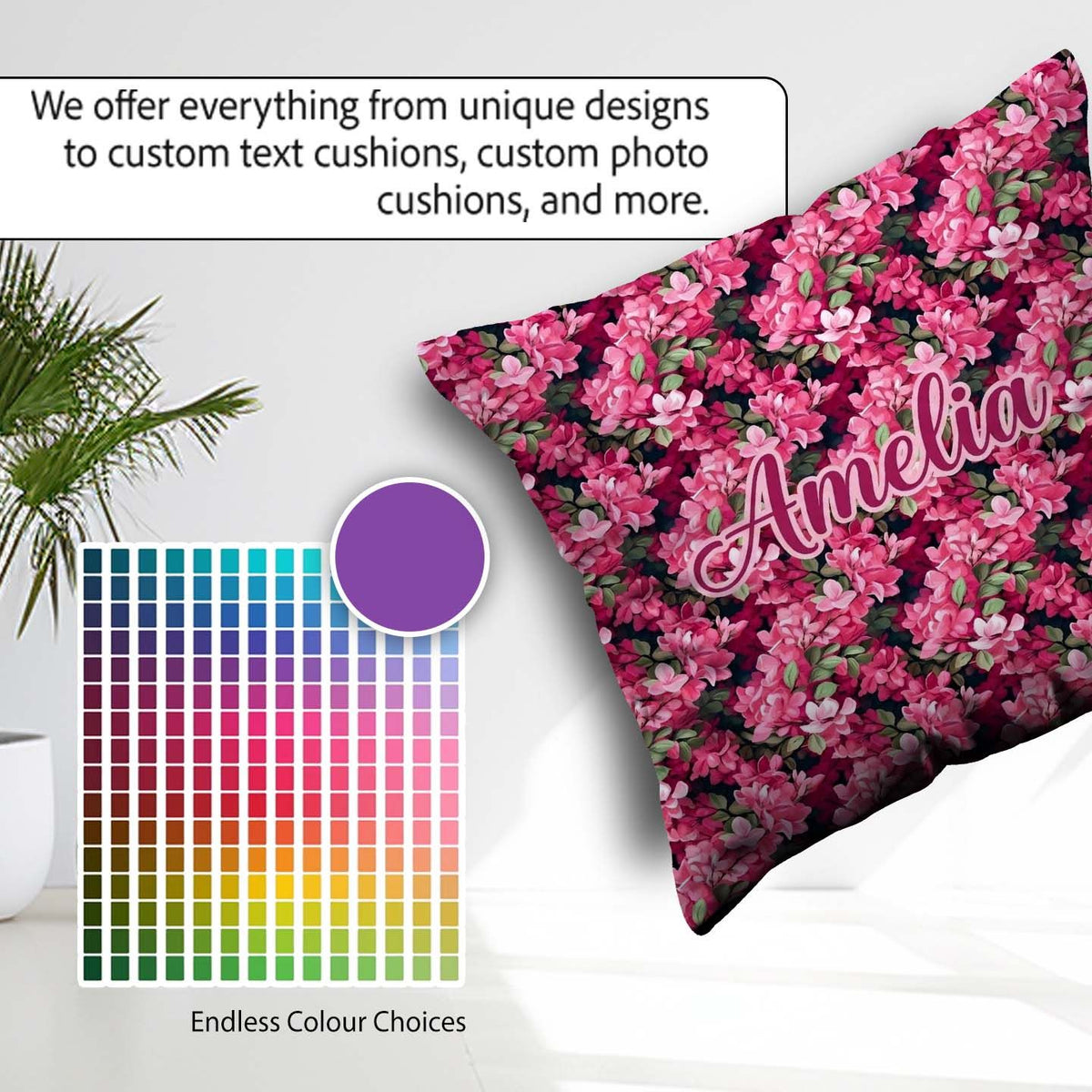 Custom Name Dark Pink Blossoms Lush Floral Seamless Pattern Name Square Filled Cushion Throw Pillow Sofa Bed Home Decor Zip Washable UK Made