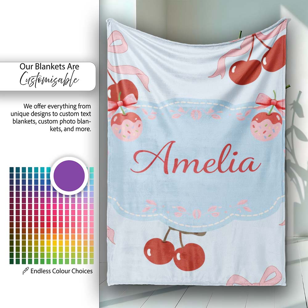 Cherry Bow Ribbon Cute Decorative Cherry Seamless Pattern Lovely  Personalised Custom Name Super Soft Fleece Blanket Bed Sofa Throw
