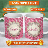 Personalized Custom Name Pink Cherry Blossom Branches with White Flowers Seamless Pattern 11oz Ceramic Coffee Tea Mug White Large Handle