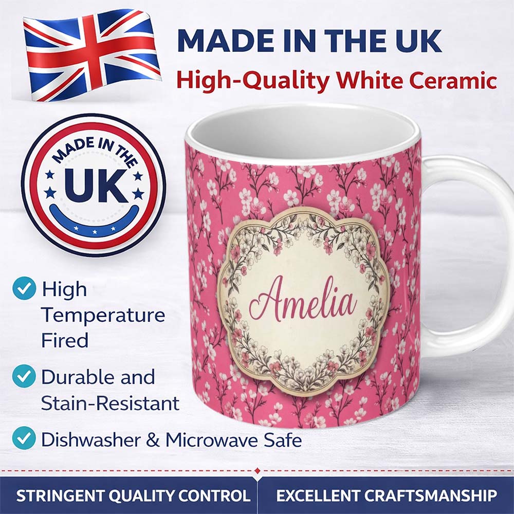 Personalized Custom Name Pink Cherry Blossom Branches with White Flowers Seamless Pattern 11oz Ceramic Coffee Tea Mug White Large Handle
