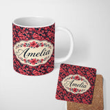 Personalized Custom Name Bold Red Floral Blossoms on Dark Background Seamless Pattern Name 11oz Ceramic Coffee Tea Mug White Large Handle