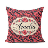 Custom Name Bold Red Floral Blossoms on Dark Background Seamless Square Filled Cushion Throw Pillow Sofa Bed Home Decor Zip Washable UK Made