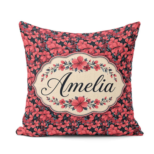 Custom Name Bold Red Floral Blossoms on Dark Background Seamless Square Filled Cushion Throw Pillow Sofa Bed Home Decor Zip Washable UK Made