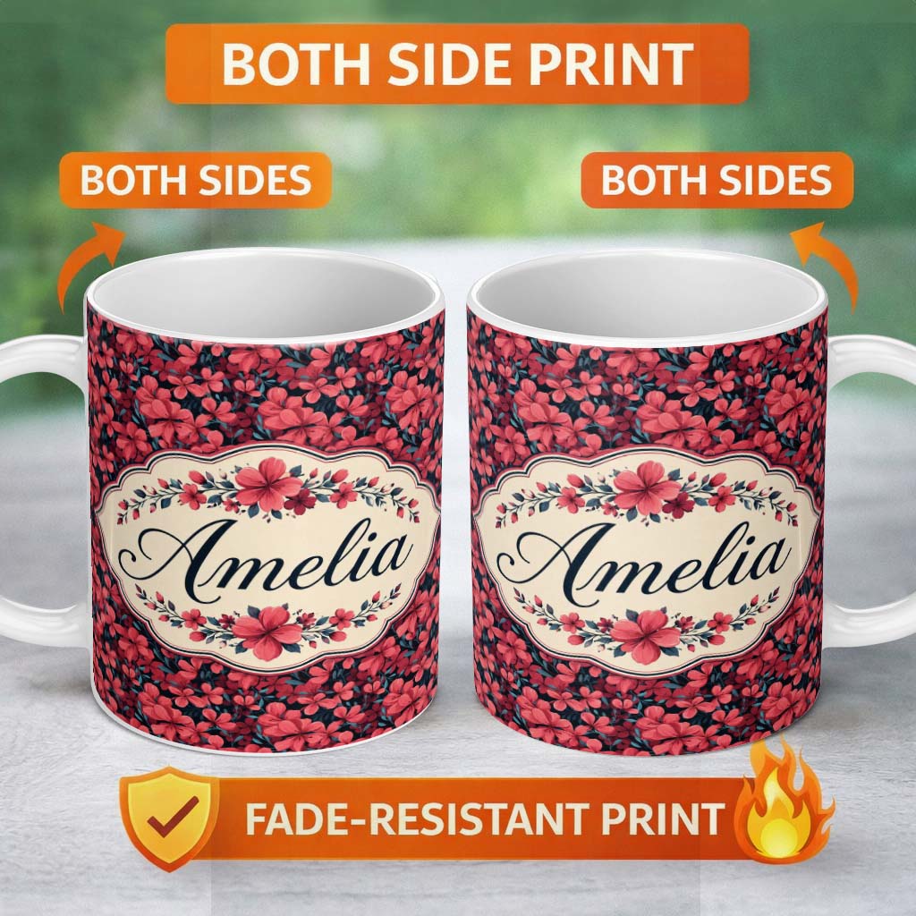 Personalized Custom Name Bold Red Floral Blossoms on Dark Background Seamless Pattern Name 11oz Ceramic Coffee Tea Mug White Large Handle
