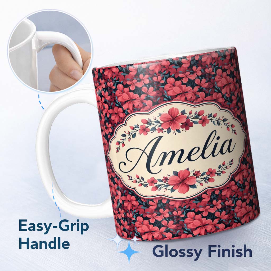 Personalized Custom Name Bold Red Floral Blossoms on Dark Background Seamless Pattern Name 11oz Ceramic Coffee Tea Mug White Large Handle