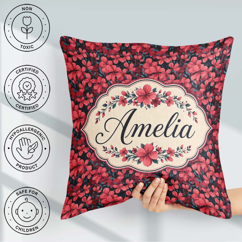 Custom Name Bold Red Floral Blossoms on Dark Background Seamless Square Filled Cushion Throw Pillow Sofa Bed Home Decor Zip Washable UK Made