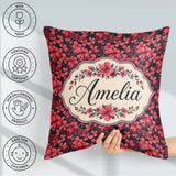 Custom Name Bold Red Floral Blossoms on Dark Background Seamless Square Filled Cushion Throw Pillow Sofa Bed Home Decor Zip Washable UK Made