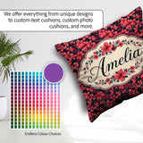 Custom Name Bold Red Floral Blossoms on Dark Background Seamless Square Filled Cushion Throw Pillow Sofa Bed Home Decor Zip Washable UK Made