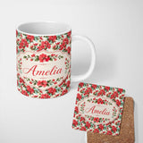 Personalized Custom Name Vintage Red Hibiscus Flowers with Soft Blue Background Seamless 11oz Ceramic Coffee Tea Mug White Large Handle