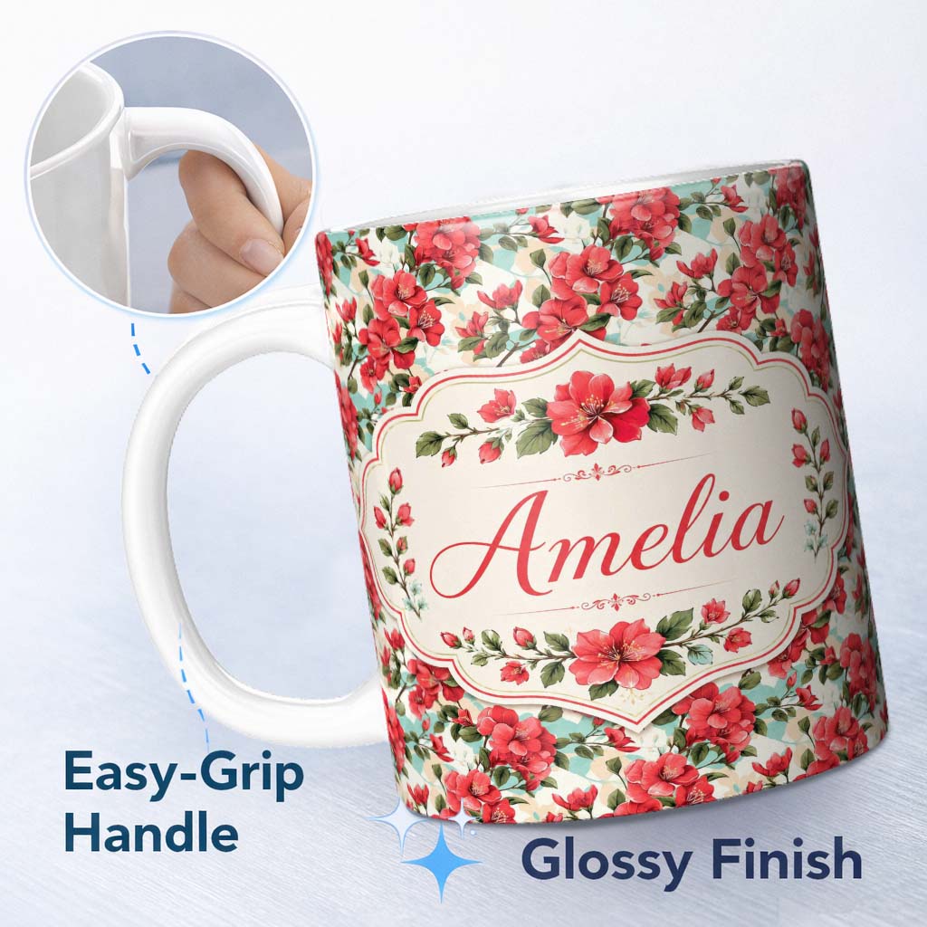 Personalized Custom Name Vintage Red Hibiscus Flowers with Soft Blue Background Seamless 11oz Ceramic Coffee Tea Mug White Large Handle