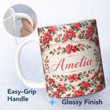 Personalized Custom Name Vintage Red Hibiscus Flowers with Soft Blue Background Seamless 11oz Ceramic Coffee Tea Mug White Large Handle