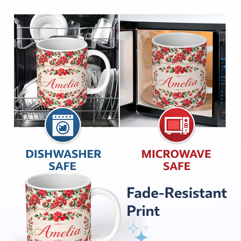 Personalized Custom Name Vintage Red Hibiscus Flowers with Soft Blue Background Seamless 11oz Ceramic Coffee Tea Mug White Large Handle