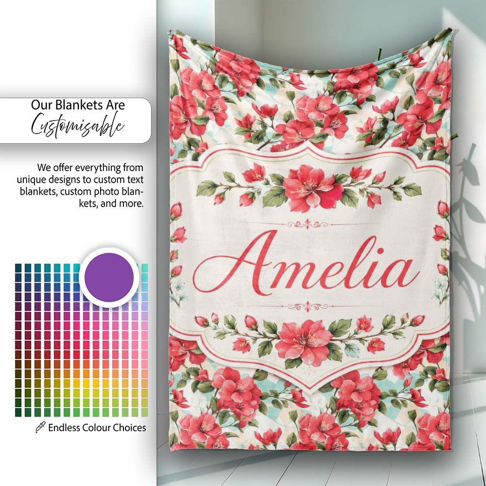 Vintage Red Hibiscus Flowers with Soft Blue Background Seamless  Personalised Custom Name Super Soft Fleece Blanket Bed Sofa Throw