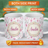 Personalized Custom Name Delicate Pink Watercolor Flowers and Leaves Seamless Pattern Name 11oz Ceramic Coffee Tea Mug White Large Handle