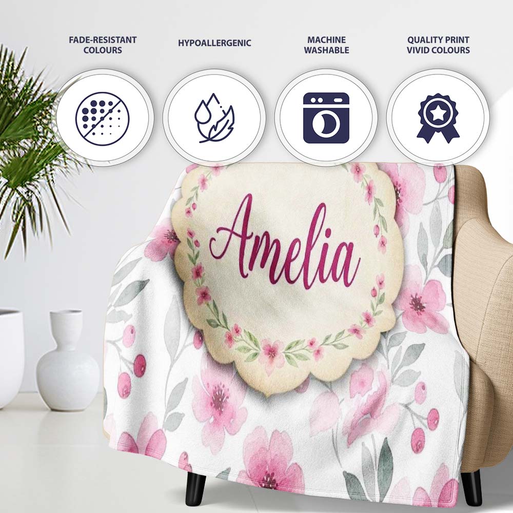Delicate Pink Watercolor Flowers and Leaves Seamless Pattern Name  Personalised Custom Name Super Soft Fleece Blanket Bed Sofa Throw
