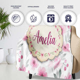 Delicate Pink Watercolor Flowers and Leaves Seamless Pattern Name  Personalised Custom Name Super Soft Fleece Blanket Bed Sofa Throw