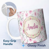 Personalized Custom Name Delicate Pink Watercolor Flowers and Leaves Seamless Pattern Name 11oz Ceramic Coffee Tea Mug White Large Handle