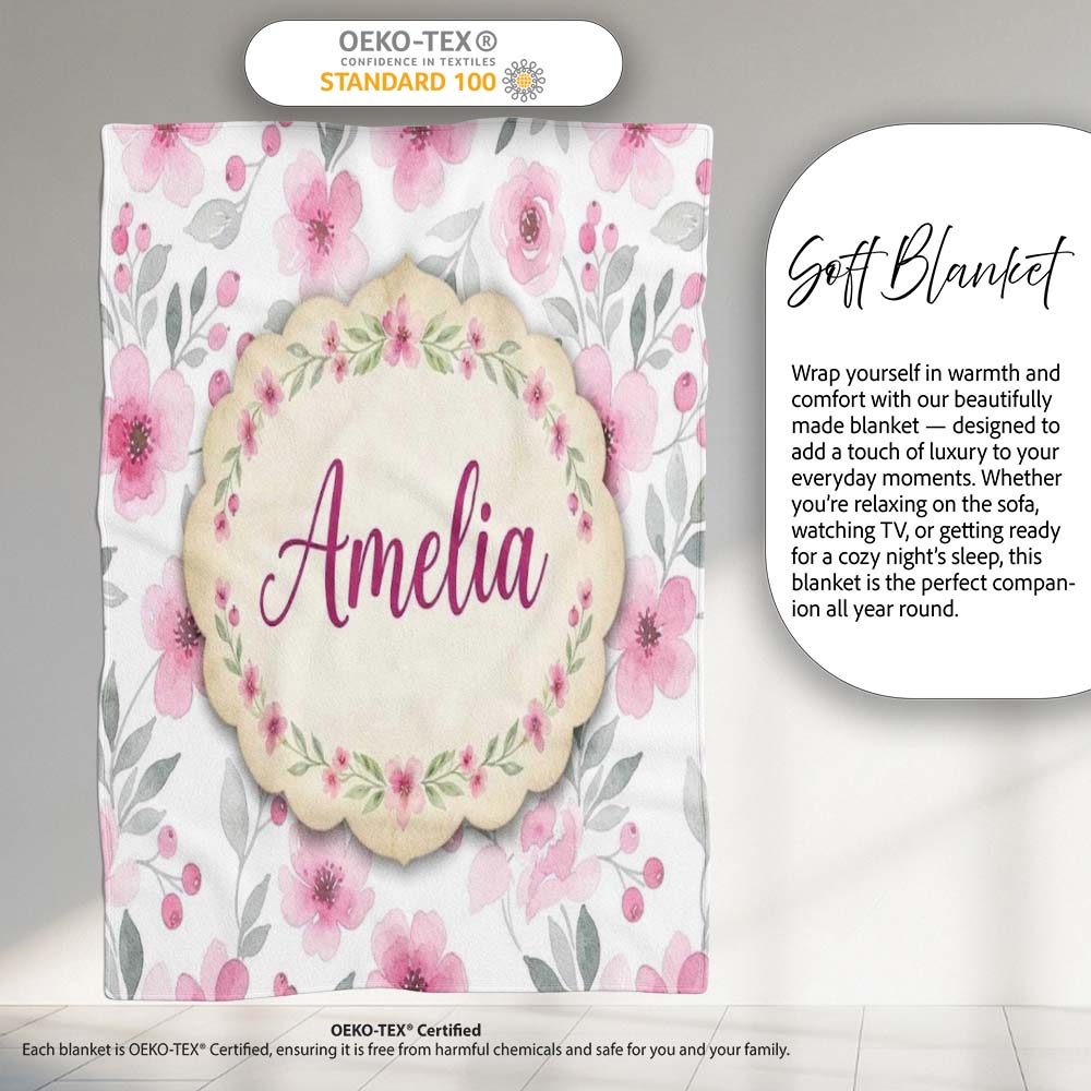 Delicate Pink Watercolor Flowers and Leaves Seamless Pattern Name  Personalised Custom Name Super Soft Fleece Blanket Bed Sofa Throw