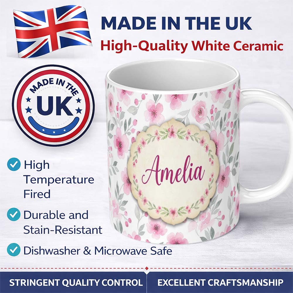 Personalized Custom Name Delicate Pink Watercolor Flowers and Leaves Seamless Pattern Name 11oz Ceramic Coffee Tea Mug White Large Handle