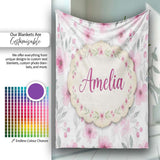 Delicate Pink Watercolor Flowers and Leaves Seamless Pattern Name  Personalised Custom Name Super Soft Fleece Blanket Bed Sofa Throw